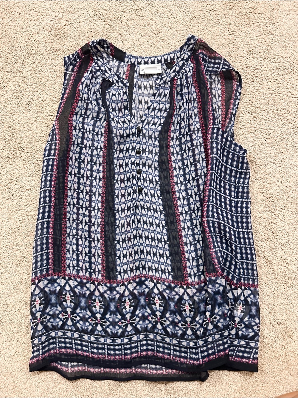 S Sleeveless Patterned V-Neck Top - Navy & Pink